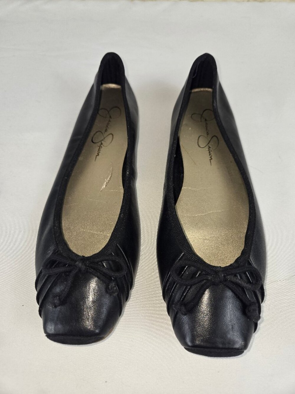 Jessica Simpson Size 6-1/2 Black Leve Ballet FLats Ruched Square Toe Bow